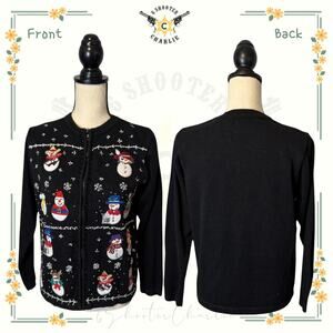 Vintage B.P. Design Christmas Sweater Beaded Applique Womens Size Medium Black